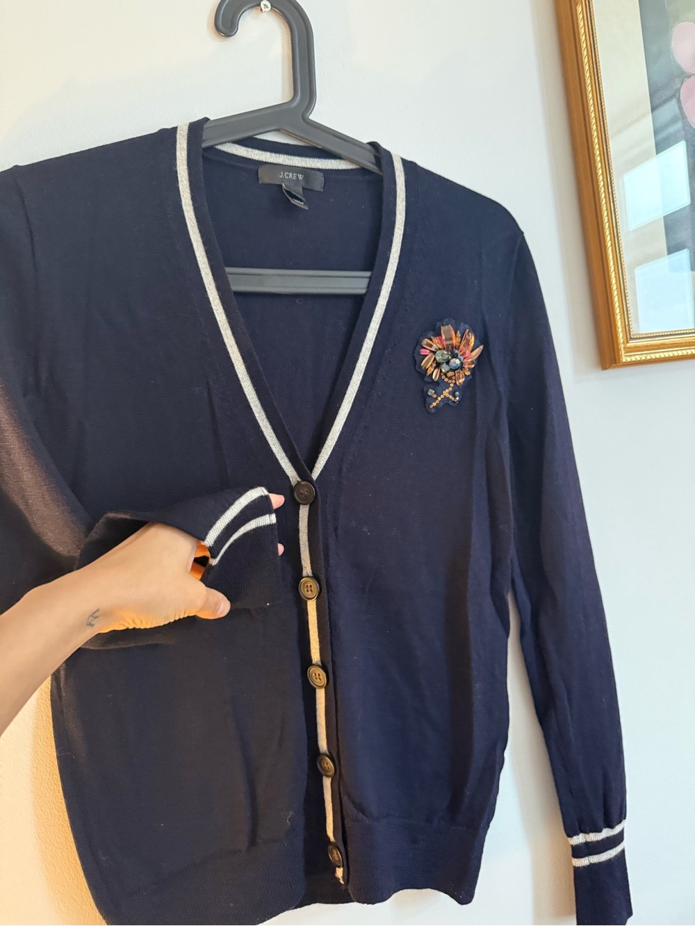 J. Crew woman Navy V-Neck Cardigan with Contrast Trim